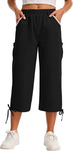 Women's Adjustable Cargo Capri Pants Elastic Waist & Ankle Cropped Loose Fit Casual Summer Pants with Pockets in Saudi Arabia