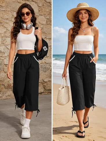 Women's Adjustable Cargo Capri Pants Elastic Waist & Ankle Cropped Loose Fit Casual Summer Pants with Pockets in Saudi Arabia