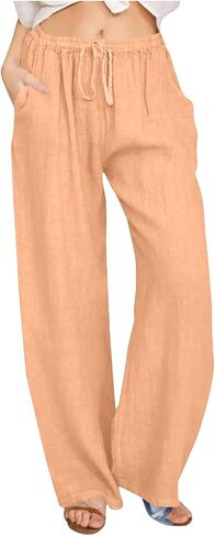 Women Cotton Linen Wide Leg Pants Casual Palazzo Trousers Elastic Waist Drawstring Beach Vacation Pant with Pockets in Kuwait