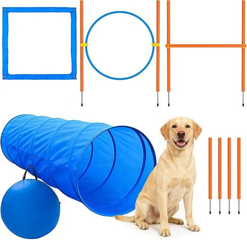 XiaZ Dog Agility Course Backyard Set, Dog Obstacle Course Training Starter Kit Pet Outdoor Game with Tunnel, Agility Hurdle, Weave Poles, Jump Ring, Pause Box, Collapsible Dog Bowls and Storage Bag in Kuwait