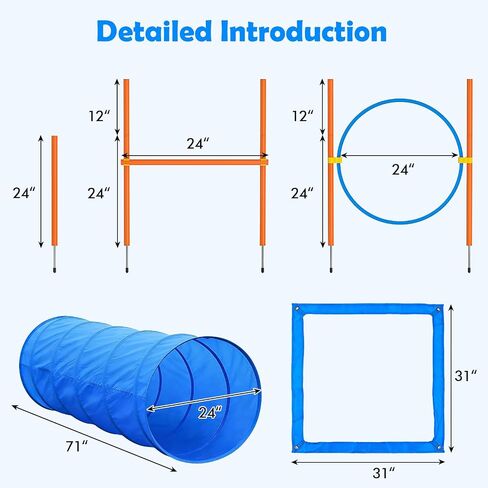XiaZ Dog Agility Course Backyard Set, Dog Obstacle Course Training Starter Kit Pet Outdoor Game with Tunnel, Agility Hurdle, Weave Poles, Jump Ring, Pause Box, Collapsible Dog Bowls and Storage Bag in Kuwait