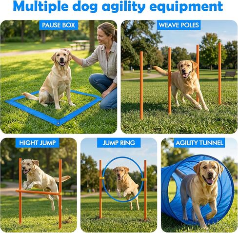 XiaZ Dog Agility Course Backyard Set, Dog Obstacle Course Training Starter Kit Pet Outdoor Game with Tunnel, Agility Hurdle, Weave Poles, Jump Ring, Pause Box, Collapsible Dog Bowls and Storage Bag in Kuwait