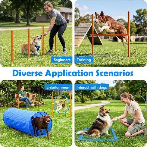 XiaZ Dog Agility Course Backyard Set, Dog Obstacle Course Training Starter Kit Pet Outdoor Game with Tunnel, Agility Hurdle, Weave Poles, Jump Ring, Pause Box, Collapsible Dog Bowls and Storage Bag in Kuwait
