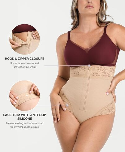 SHAPELLX Womens Shapewear Thong Tummy Control Shaping Thong Body Shaper Tummy Control Shapewear with Hook Zipper Closure Beige Large in Kuwait
