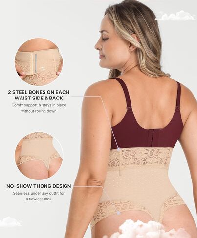 SHAPELLX Womens Shapewear Thong Tummy Control Shaping Thong Body Shaper Tummy Control Shapewear with Hook Zipper Closure Beige Large in Kuwait