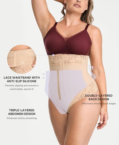 SHAPELLX Womens Shapewear Thong Tummy Control Shaping Thong Body Shaper Tummy Control Shapewear with Hook Zipper Closure Beige Large in Kuwait