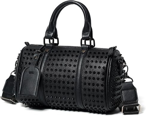 Black Studded Cylinder Duffle Bag, Unisex, 10.2 x 5.9 x 5.9 Inch | Shoulder Strap, Top Handle, Crossbody Tote in Kuwait
