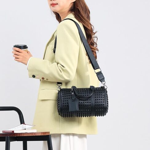 Black Studded Cylinder Duffle Bag, Unisex, 10.2 x 5.9 x 5.9 Inch | Shoulder Strap, Top Handle, Crossbody Tote in Kuwait