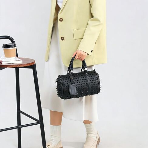 Black Studded Cylinder Duffle Bag, Unisex, 10.2 x 5.9 x 5.9 Inch | Shoulder Strap, Top Handle, Crossbody Tote in Kuwait