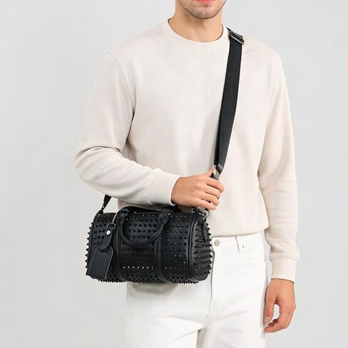 Black Studded Cylinder Duffle Bag, Unisex, 10.2 x 5.9 x 5.9 Inch | Shoulder Strap, Top Handle, Crossbody Tote in Kuwait