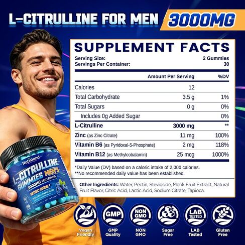 L Citrulline for Men Gummies, 3000mg L-Citrulline Supplements with Vitamin B6, B12, Zinc for Muscle Health & Recovery, Nitric Oxide Gummies Supplement, Sugar-Free, Vegan, Blueberry Flavor, 60 Count in Saudi Arabia