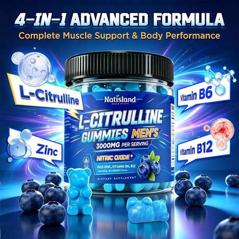 L Citrulline for Men Gummies, 3000mg L-Citrulline Supplements with Vitamin B6, B12, Zinc for Muscle Health & Recovery, Nitric Oxide Gummies Supplement, Sugar-Free, Vegan, Blueberry Flavor, 60 Count in Saudi Arabia