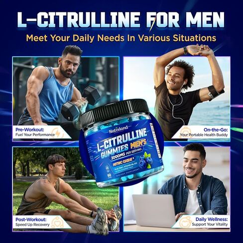 L Citrulline for Men Gummies, 3000mg L-Citrulline Supplements with Vitamin B6, B12, Zinc for Muscle Health & Recovery, Nitric Oxide Gummies Supplement, Sugar-Free, Vegan, Blueberry Flavor, 60 Count in Saudi Arabia