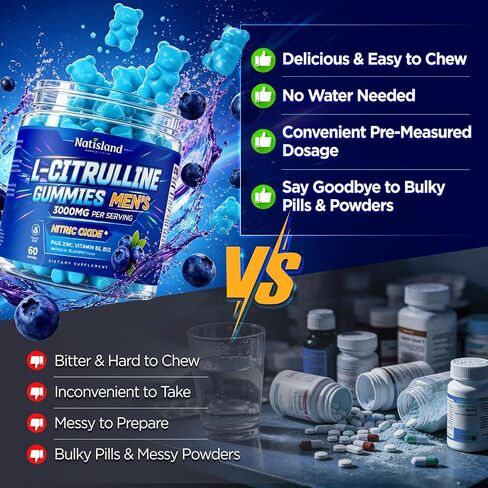 L Citrulline for Men Gummies, 3000mg L-Citrulline Supplements with Vitamin B6, B12, Zinc for Muscle Health & Recovery, Nitric Oxide Gummies Supplement, Sugar-Free, Vegan, Blueberry Flavor, 60 Count in Saudi Arabia