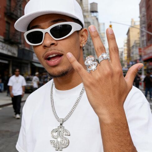 Hip Hop Costume Kit, 80s 90s 2000s Boy Hip Hop Rapper Accessories Set for Men, Old School Rapper Costume Accessories with Glasses Faux Dollar Sign Chain Rings Hat for Men 80s 90s Themed Party Accessories Supplies in Saudi Arabia