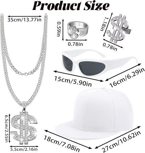 Hip Hop Costume Kit, 80s 90s 2000s Boy Hip Hop Rapper Accessories Set for Men, Old School Rapper Costume Accessories with Glasses Faux Dollar Sign Chain Rings Hat for Men 80s 90s Themed Party Accessories Supplies in Saudi Arabia