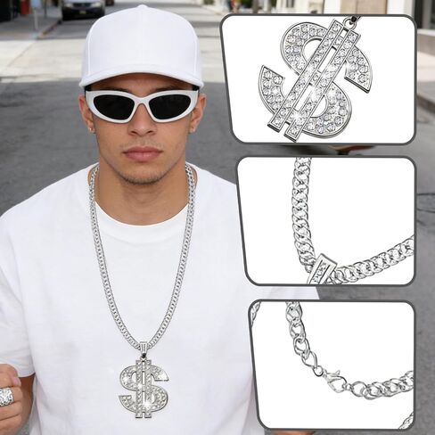 Hip Hop Costume Kit, 80s 90s 2000s Boy Hip Hop Rapper Accessories Set for Men, Old School Rapper Costume Accessories with Glasses Faux Dollar Sign Chain Rings Hat for Men 80s 90s Themed Party Accessories Supplies in Saudi Arabia
