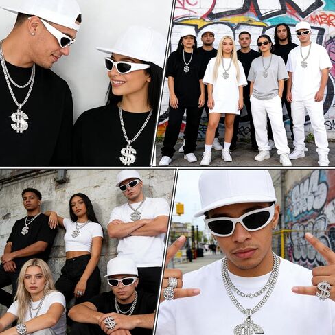 Hip Hop Costume Kit, 80s 90s 2000s Boy Hip Hop Rapper Accessories Set for Men, Old School Rapper Costume Accessories with Glasses Faux Dollar Sign Chain Rings Hat for Men 80s 90s Themed Party Accessories Supplies in Saudi Arabia