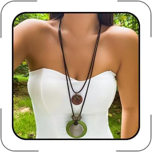 Boho Long Necklaces for Women Trendy,Western Cowboy Black Leather Cord Wooden Disc Necklaces Vintage Bohemian Renaissance Jewelry Accessories in Saudi Arabia