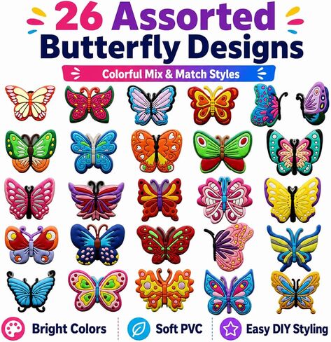 26 Pcs Butterfly Shoe Charms,PVC Colorful Butterfly Charms for Clog Shoes,DIY Sandals,Beach Sandals,Water Shoes, Shoe Decoration Accessories Gifts in Saudi Arabia