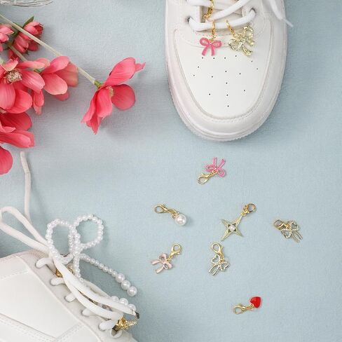 22 PCS Shoe Charms for Sneakers Gold Shoes Laces Decoration Bow Pendant with Lobster Clasp Handmade Jewelry Accessory Cute Flowers Shoelace Clips for Women Girls Personalized Gift 10 Styles in Saudi Arabia