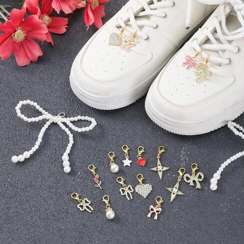 22 PCS Shoe Charms for Sneakers Gold Shoes Laces Decoration Bow Pendant with Lobster Clasp Handmade Jewelry Accessory Cute Flowers Shoelace Clips for Women Girls Personalized Gift 10 Styles in Saudi Arabia