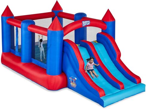 Sunny & Fun Inflatable Bouncy Castle with Dual Slide – Heavy-Duty for Outdoor Fun - Climbing Wall, Slides, Bounce House – Easy to Set Up & Inflate with Included Air Pump & Carrying Case in Kuwait
