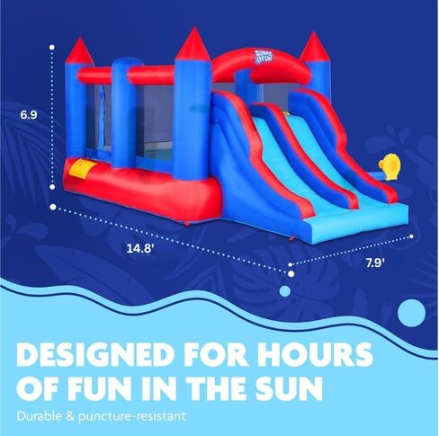 Sunny & Fun Inflatable Bouncy Castle with Dual Slide – Heavy-Duty for Outdoor Fun - Climbing Wall, Slides, Bounce House – Easy to Set Up & Inflate with Included Air Pump & Carrying Case in Kuwait