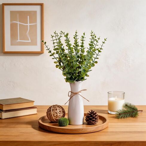 Artificial Eucalyptus Stems with White Vase,19 Inch Small Fake Plants Indoor,Faux Greenery Plant for Farmhouse Home Decor,Bathroom Living Room Kitchen Office Shelf Coffee Table Centerpiece in Saudi Arabia