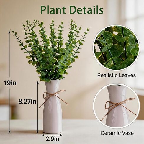 Artificial Eucalyptus Stems with White Vase,19 Inch Small Fake Plants Indoor,Faux Greenery Plant for Farmhouse Home Decor,Bathroom Living Room Kitchen Office Shelf Coffee Table Centerpiece in Saudi Arabia
