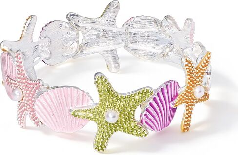Women's Colorful Starfish & Shell Bangle Bracelet, Shiny Pearl Ocean Jewelry, Y2k Dopamine Style Elastic Bangle, Summer Vacation Boho Coastal Wristband Wrist Statement Bracelet Accessory in Saudi Arabia