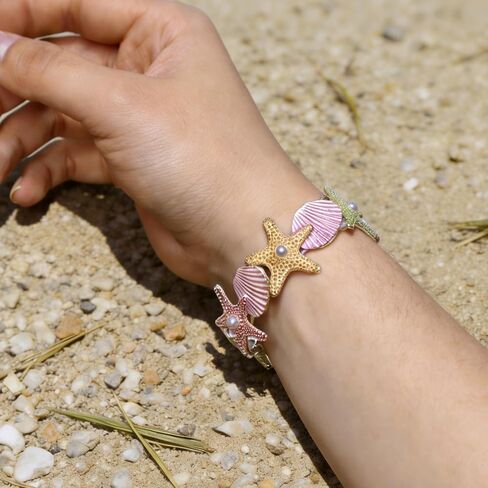 Women's Colorful Starfish & Shell Bangle Bracelet, Shiny Pearl Ocean Jewelry, Y2k Dopamine Style Elastic Bangle, Summer Vacation Boho Coastal Wristband Wrist Statement Bracelet Accessory in Saudi Arabia