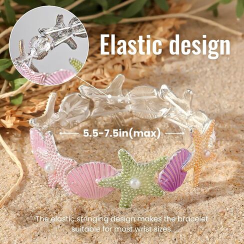 Women's Colorful Starfish & Shell Bangle Bracelet, Shiny Pearl Ocean Jewelry, Y2k Dopamine Style Elastic Bangle, Summer Vacation Boho Coastal Wristband Wrist Statement Bracelet Accessory in Saudi Arabia