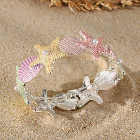 Women's Colorful Starfish & Shell Bangle Bracelet, Shiny Pearl Ocean Jewelry, Y2k Dopamine Style Elastic Bangle, Summer Vacation Boho Coastal Wristband Wrist Statement Bracelet Accessory in Saudi Arabia
