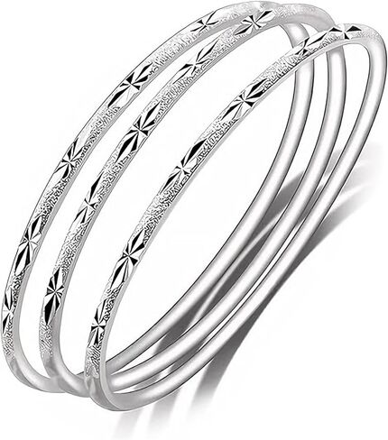 Dainty Silver Bangle Bracelet Set for Women, 3Pcs Trendy Simple Stainless Steel Stackable Hypoallergenic Cuff Bracelet Fashion Party Jewelry Gift in Kuwait