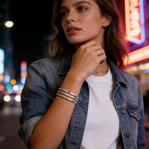 Dainty Silver Bangle Bracelet Set for Women, 3Pcs Trendy Simple Stainless Steel Stackable Hypoallergenic Cuff Bracelet Fashion Party Jewelry Gift in Kuwait