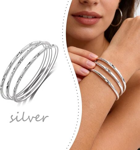 Dainty Silver Bangle Bracelet Set for Women, 3Pcs Trendy Simple Stainless Steel Stackable Hypoallergenic Cuff Bracelet Fashion Party Jewelry Gift in Kuwait