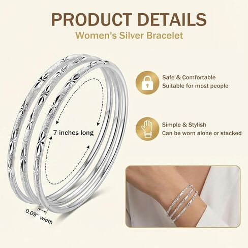 Dainty Silver Bangle Bracelet Set for Women, 3Pcs Trendy Simple Stainless Steel Stackable Hypoallergenic Cuff Bracelet Fashion Party Jewelry Gift in Kuwait