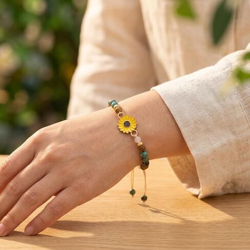 Natural Stone Beaded Sunflower Bracelet for Sister, Niece, Mentor - Adjustable Cord Jewelry, 16th/18th/21st Birthday Gift, Inspirational Positivity Gift for Her in Saudi Arabia