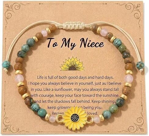 Natural Stone Beaded Sunflower Bracelet for Sister, Niece, Mentor - Adjustable Cord Jewelry, 16th/18th/21st Birthday Gift, Inspirational Positivity Gift for Her in Saudi Arabia