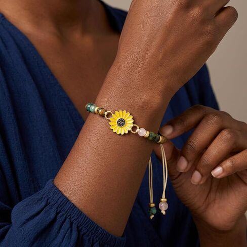Natural Stone Beaded Sunflower Bracelet for Sister, Niece, Mentor - Adjustable Cord Jewelry, 16th/18th/21st Birthday Gift, Inspirational Positivity Gift for Her in Saudi Arabia