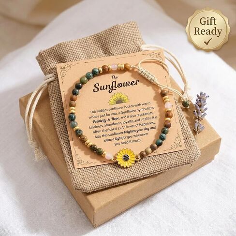 Natural Stone Beaded Sunflower Bracelet for Sister, Niece, Mentor - Adjustable Cord Jewelry, 16th/18th/21st Birthday Gift, Inspirational Positivity Gift for Her in Saudi Arabia