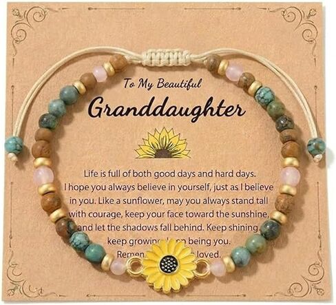 Natural Stone Beaded Sunflower Bracelet for Sister, Niece, Mentor - Adjustable Cord Jewelry, 16th/18th/21st Birthday Gift, Inspirational Positivity Gift for Her in Saudi Arabia