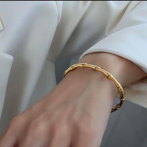 18K 18 Karat Yellow Gold Plated over Stainless Steel Bamboo Textured Bangle Bracelet, Nickel Free Waterproof hypoallergenic, Tarnish Resistant in Saudi Arabia