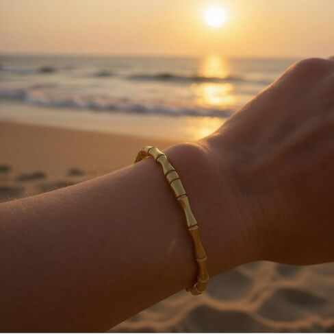 18K 18 Karat Yellow Gold Plated over Stainless Steel Bamboo Textured Bangle Bracelet, Nickel Free Waterproof hypoallergenic, Tarnish Resistant in Saudi Arabia