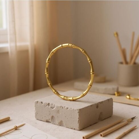 18K 18 Karat Yellow Gold Plated over Stainless Steel Bamboo Textured Bangle Bracelet, Nickel Free Waterproof hypoallergenic, Tarnish Resistant in Saudi Arabia
