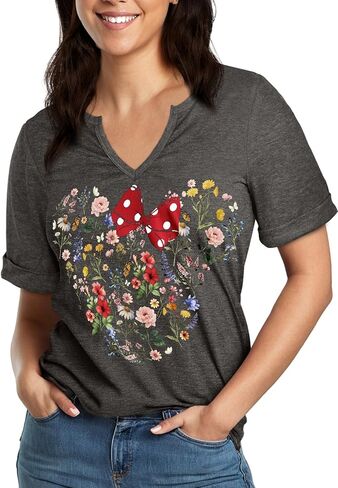 Flafens V Neck T-Shirts for Women - Graphic Short Sleeve Tees Tops Fashion Trendy Soft Casual Summer Outfits Clothes in Kuwait