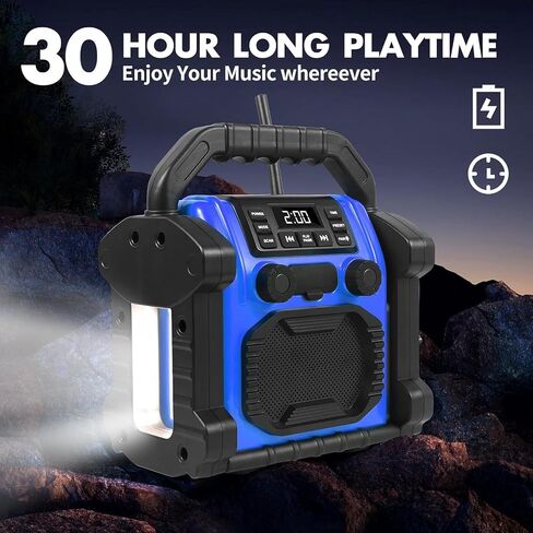 Jobsite Radio Speaker, 30w Ipx 66 Waterproof Fm Clock Radio Portable with LED Lights, Anticollision Fm Radios for Constrution Site/Outdoor/Fishing/Party/Camping (Blue) in Kuwait