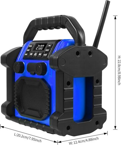 Jobsite Radio Speaker, 30w Ipx 66 Waterproof Fm Clock Radio Portable with LED Lights, Anticollision Fm Radios for Constrution Site/Outdoor/Fishing/Party/Camping (Blue) in Kuwait