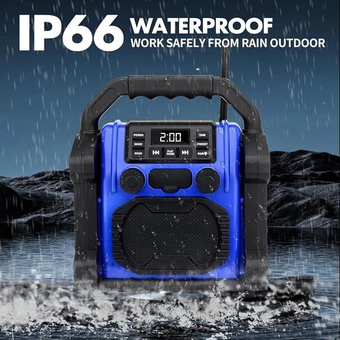 Jobsite Radio Speaker, 30w Ipx 66 Waterproof Fm Clock Radio Portable with LED Lights, Anticollision Fm Radios for Constrution Site/Outdoor/Fishing/Party/Camping (Blue) in Kuwait